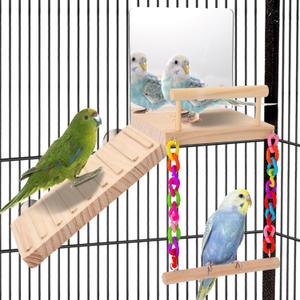 KyoukiBird Perch Platform Bird Toys with Bird Mirror Climbing Ladder Swing, Parakeet Cage Accessories - for Cockatiels, Lovebirds, Budgies,Pacific Parrotlets,Finch,Canaries - Wooden Play Gym