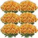 Jexine 50 Pcs Artificial Rose Flower Bulk Realistic Silk Fake Roses with Long Stem Plastic Artificial Flower Bouquet Real Looking for Home Wedding Centerpieces Party Decoration(Gold)