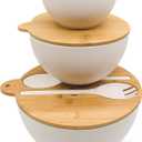 ECOWAY Salad Bowls Set of 3 with Seal Lid & Serving Utensils, Bamboo Fiber Mixing Bowls Set Large Serving Bowls & Storage Set with Bamboo Lid for Salad, Kitchen Eating, Pasta, Popcorn, Fruit, White