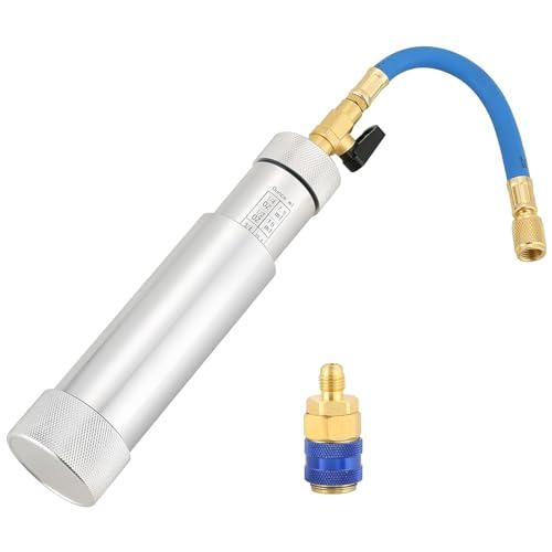 DASBET A/C Oil and Dye Injector with Snap Quick Coupler, 2 OZ Hand Turn Screw-in Air Conditioning Coolant Filling Tube Injection Tool with 1/4 inch SAE Connector for R410A, R134A, R22 and R12