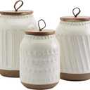 TTU Tabletops Gallery Ceramic Canister Collection- Stoneware Designed Kitchen Storage Embossed Acacia Wood White Set, 3 Piece Embossed Ziggy White Canister Set