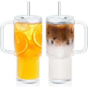GOSCHE 26oz Glass Tumbler with Straws and Lids, Ribbed Iced Coffee Cups, Thickened Glass Cups Set Ideal for Coffee, Smoothies, Cocktails, and Juices, Clear, 2 Pack