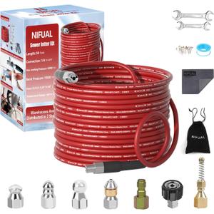 NIFUAL Sewer Jetter Kit for Pressure Washer,50FT 5800PSI Pressure Drain Cleaner 1/4 Inch NPT Corner Rotating and Button Hose Sewer Jetting Nozzle for Homeowners & DIYers (50FT) NIFUAL Sewer Jetter Kit for Pressure Washer,50FT 5800PSI Pressure Drain Cleaner 1/4 Inch NPT Corner Rotating and Button Hose Sewer Jetting Nozzle for Homeowners & DIYers (50FT)