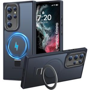 HuwaiH Magnetic Stand for Samsung Galaxy S22 Ultra Case, Military-Grade Protection, Anti-Fingerprint Anti-Scratch Translucent Matte Phone case for Samsung Galaxy S22 Ultra(Black)