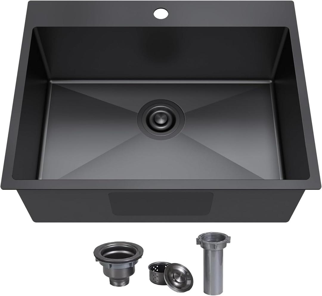 KINGO HOME 25x22 Inch Black Drop In Kitchen Sink, 25 Inch Gunmetal Black RV Laundry Utility Sinks, Top Mount 16 Gauge Stainless Steel Single Bowl Deep Small Kitchen Sink