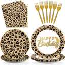Grencian 96 Pcs Cheetah Print Birthday Decorations Leopard Print Party Supplies Brown Leopard Plates and Napkins Safari Themed Paper Plates for Birthday Jungle Safari Cheetah Theme Party Serves 24
