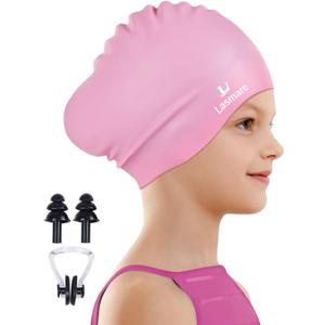 Kids Long Hair Swim Cap for Girls Boys, 3 Size Silicone Swimming Cap for Age 1-15 Toddler Children Teens, Waterproof Swim Hats Bathing Caps with Ear Plugs & Nose Clip to Keep Hair Dry (Pink)