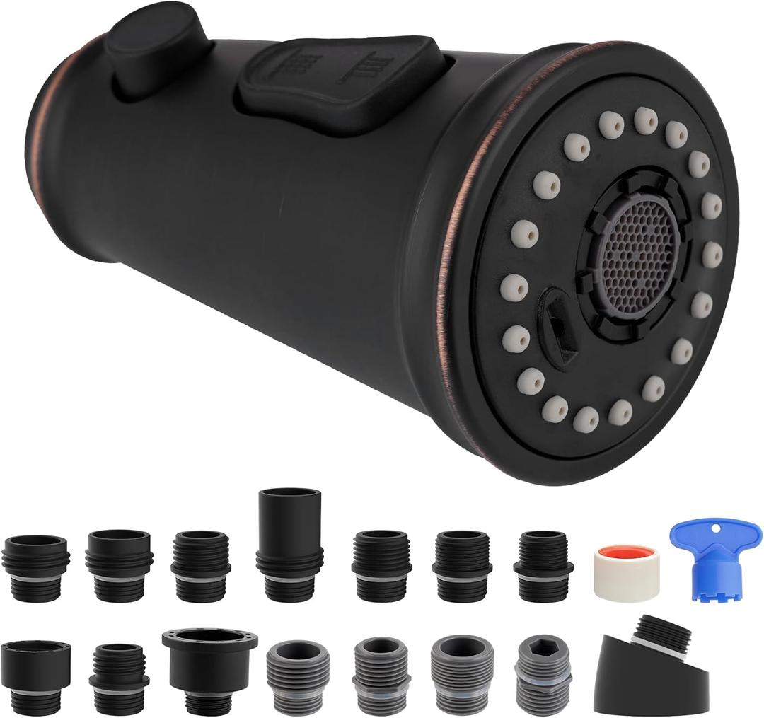 Hibbent Pull Down Kitchen Faucet Head Replacement, 3-Function Kitchen Sink Sprayer Head Nozzle with 15 Adapters, Compatible with Moen, American Standard, Delta, Kohler Faucets-Oil-Rubbed Bronze