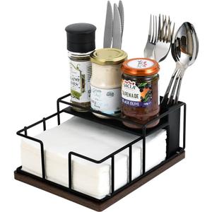 Napkin Holder for Table, Countertop Organizer - Flatware Holder for Forks, Spoons, Knives, Napkin Dispenser and Salt and Pepper Shakers Storage, Kitchen Cutlery Caddy for Dining Table, Buffet, Camping (Black)
