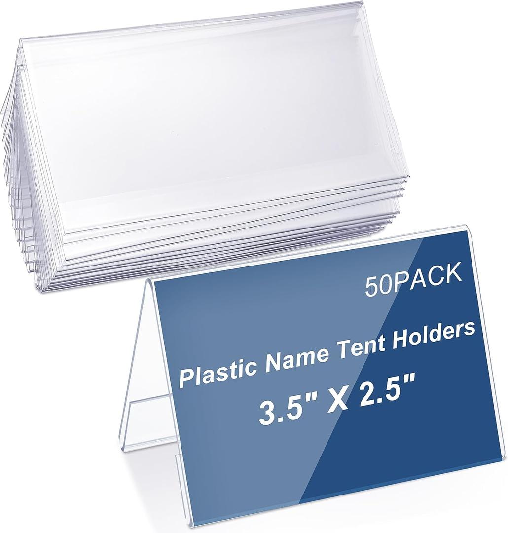 Vicenpal 50 Pieces Clear Plastic Name Tent Holders 3.5'' X 2.5'' Acrylic Name Plate for Desk PVC Table Tent Card Holder Desk Sign Frame for Office Table Business Conference School Meeting Room
