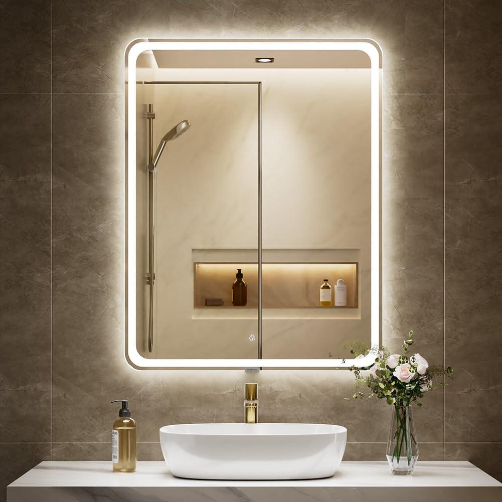 MIRROLIA 28" x 36" LED Bathroom Mirror with 3D Backlit, 3 Color Temperature Adjustable Brightness Anti-Fog Memory Function ETL Listed IP44 Waterproof Wall Mounted Easy to Install