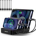 MSTJRY Charging Station for Multiple Devices : 5 Port Multi USB-A Charger Stations Multi-Device Organizer Charging Dock Designed for iPhone iPad Cell Phone Tablets (7 Short Cables Included), Black