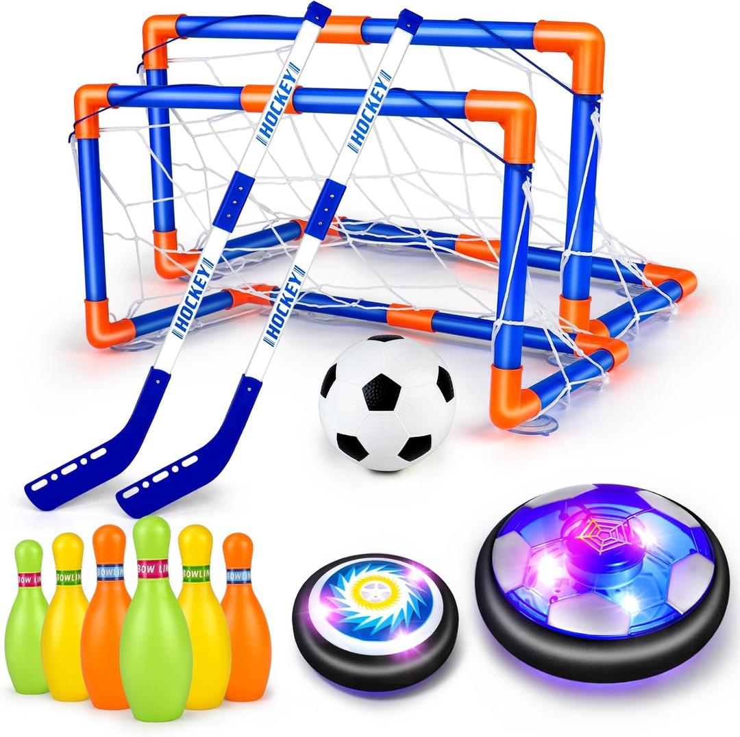 Hover Soccer Ball for Kids, 4-In-1 Air Floating Soccer Toy Set, Rechargeable Hover Soccer & Hockey Ball with LED Light, Indoor Outdoor Toys for Kids, Sport Toys for Boys Girls 3 4 5 6 7 8-12 Years Old