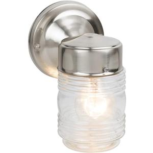 Design House 507806 Jelly Jar Classic 1-Light Indoor/Outdoor Wall Light with Clear Ribbed Glass for Entryway, Porch, Patio, Satin Nickel