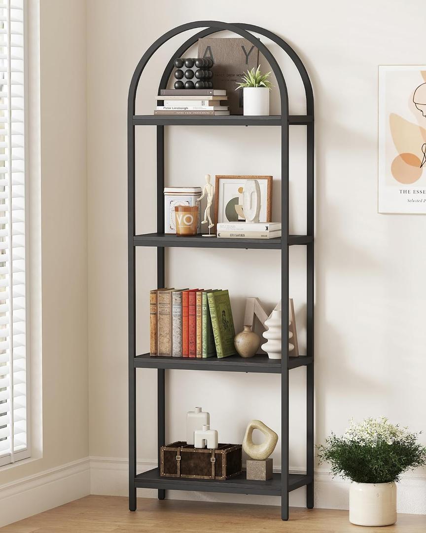 Yusong Bookshelf 4 Tier Arched Bookcase, 71.3" Tall Industrial Open Book Shelves for Living Room, Modern Freestanding Display Shelving Unit Storage Rack with Metal Frame, Office, Bedroom, Black