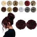 2 PCS Messy Bun Hair Piece Wavy Curly Hair Bun Scrunchies Extensions Synthetic Chignon Thick Updo Hairpieces for Women GirlsGrape Red