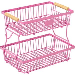 2 Tier Fruit Basket for Kitchen Counter with 2 Banana Hangers, Countertop Metal Fruit Bowl with Wooden Handle, Large Storage Stand for Vegetables, Snacks, Breads, Produce Storage – Rose Pink