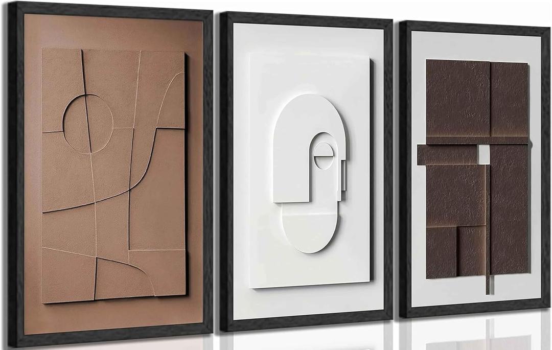 3Pcs Modern Abstract Canvas Wall art Brown and White Minimalist Geometric Nordic Japandi luxury Painting Picture Wall Decor Poster Print Artwork for Living Room Bedroom Office Home Decoration Unframed (12x16in-poster)