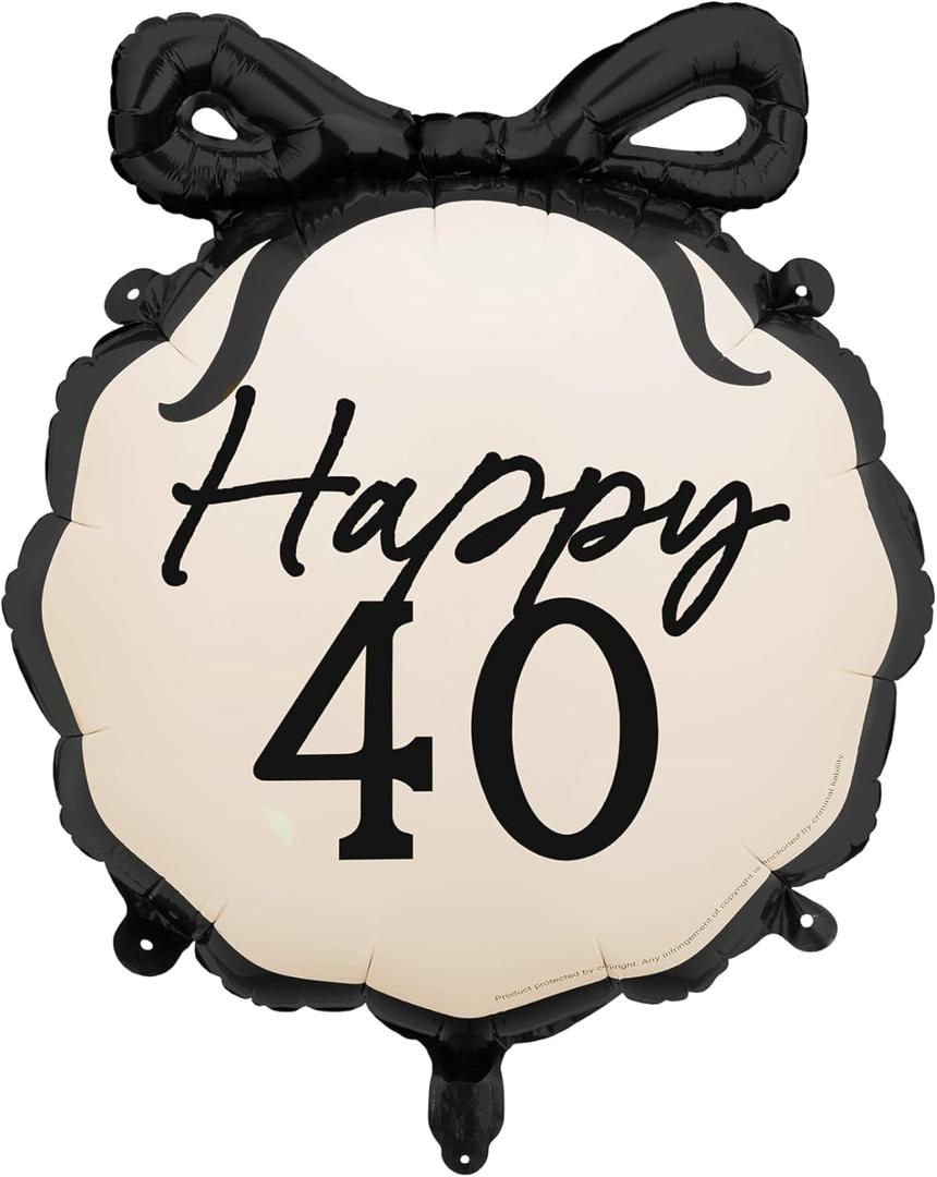 PartyDeco Happy 40th Birthday Balloon 18.5 x 17.5 Inch, 40th Birthday Decorations for Women Cream and Black Balloons with Bow Anniversary Party Decorations for Women