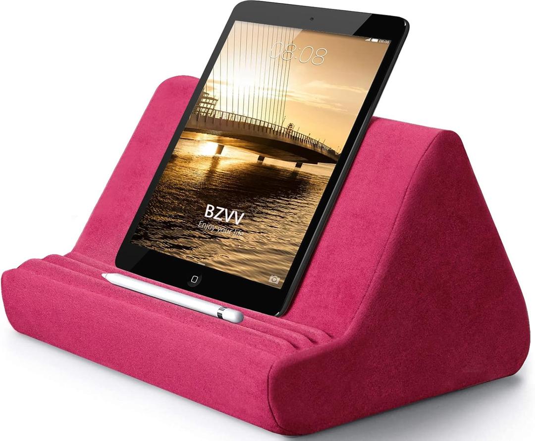 BZVV Soft Tablet Stand Pillow with Pocket,Adjustable 3 Viewing Angle,Lazy Holder for Bed Sofa,Compatible with iPads Tablets eReaders Smartphones Books Magazines (Rose Red)