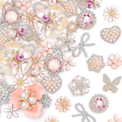 Giegxin 48 Pcs Rhinestone Buttons for Crafts Clothes Faux Pearl Embellishments Pink Butterfly Rhinestone Flower Buttons Vintage Women Pearl Brooch for Jewelry Making, DIY, Bags Shoes Supplies