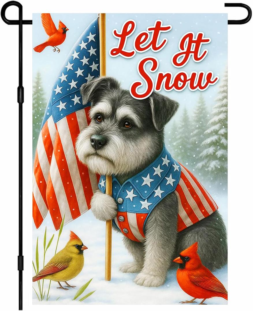 IVN 4th of July Garden Flag 12x18 Inch Double Sided Winter Schnauzer Dog with American Flag Scarf and Let It Snow Text Outdoor Yard Flag for Outside Home Front Door Lawn Porch Patio Welcome Decor