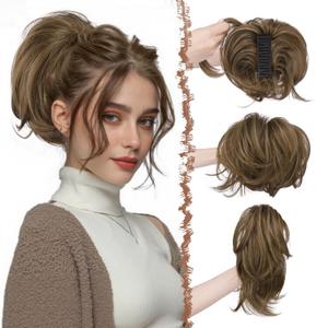 FESHFEN Claw Clip Short Ponytail Extensions - DIY Bendable Metals Fluffy Messy Bun Hair Piece Straight Synthetic Hairpieces Ponytail Extension for Women, Brown mix Blonde