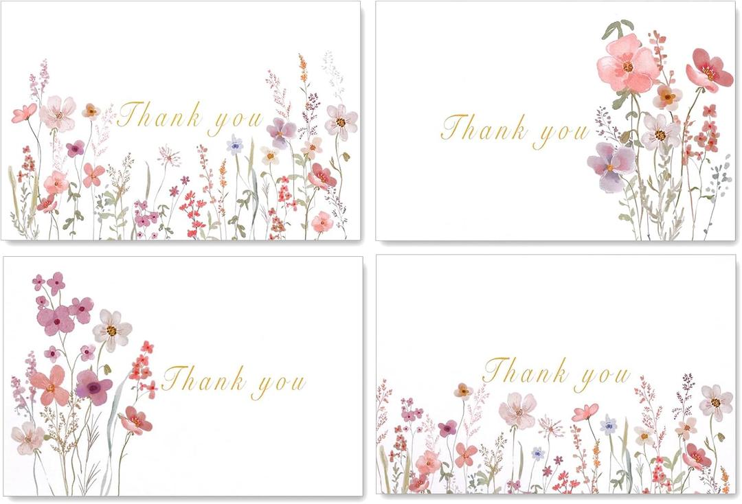 Thank You Cards with Envelopes & Stickers  80-Pack Watercolor Floral Blank Note Cards, 4" x 6", Heavy 300gsm Cardstock for Weddings, Baby Showers & Business