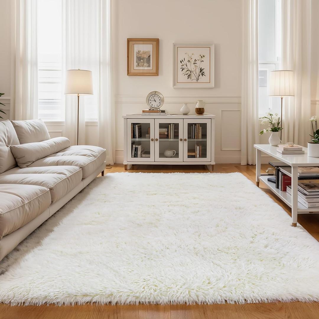 KCHOWUA Cream White Fluffy Shag Large Area Rug for Living Room,5'x8' Machine Washable Furry Fuzzy Rugs for Bedroom,Modern Soft Shaggy Plush Cute Carpet for Kids Boys Girls Dorm Room Nursery,Ivory