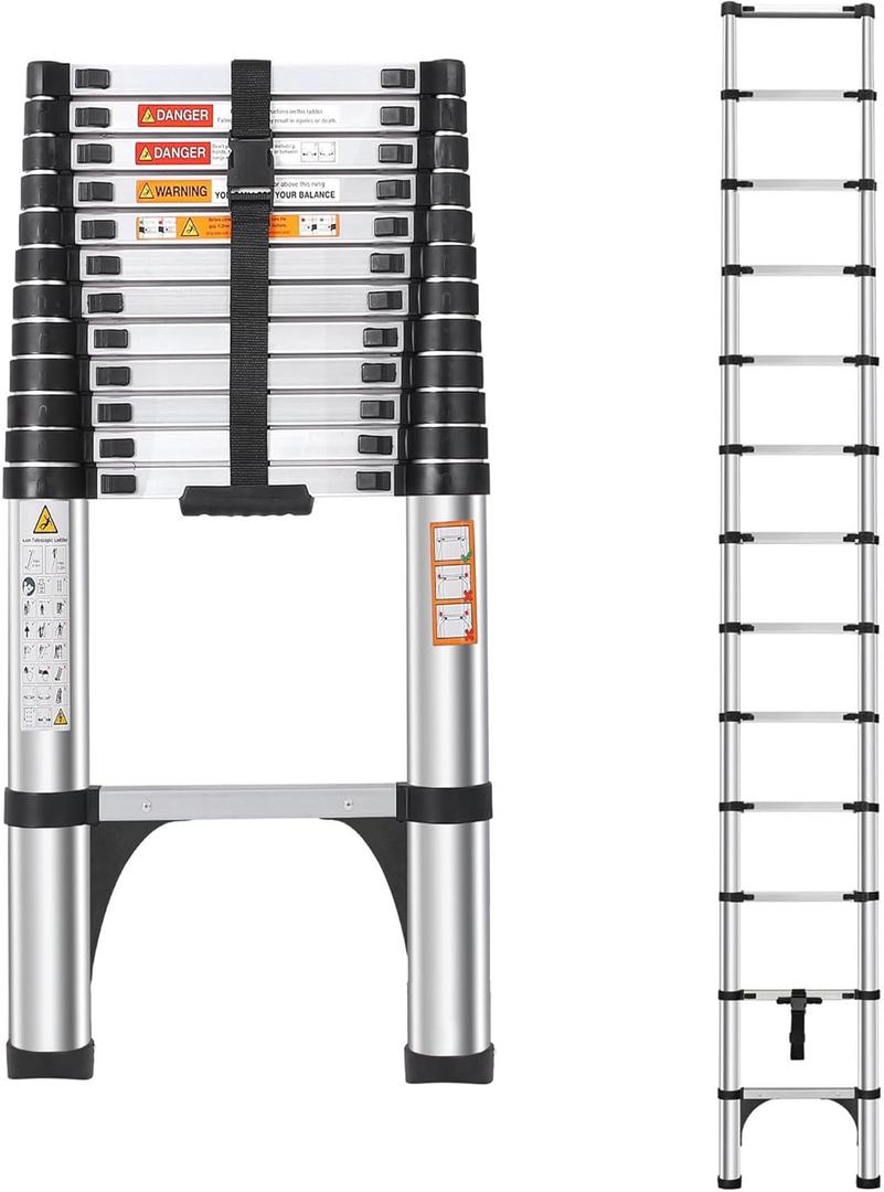 DEZEX 16.5FT Telescoping Ladder, Lightweight Extension Ladder with 2 Triangle Stabilizers & 2 Hooks, Dual Locking Mechanism Design Collapsible Telescopic Ladder for Home, Outdoor, RVs