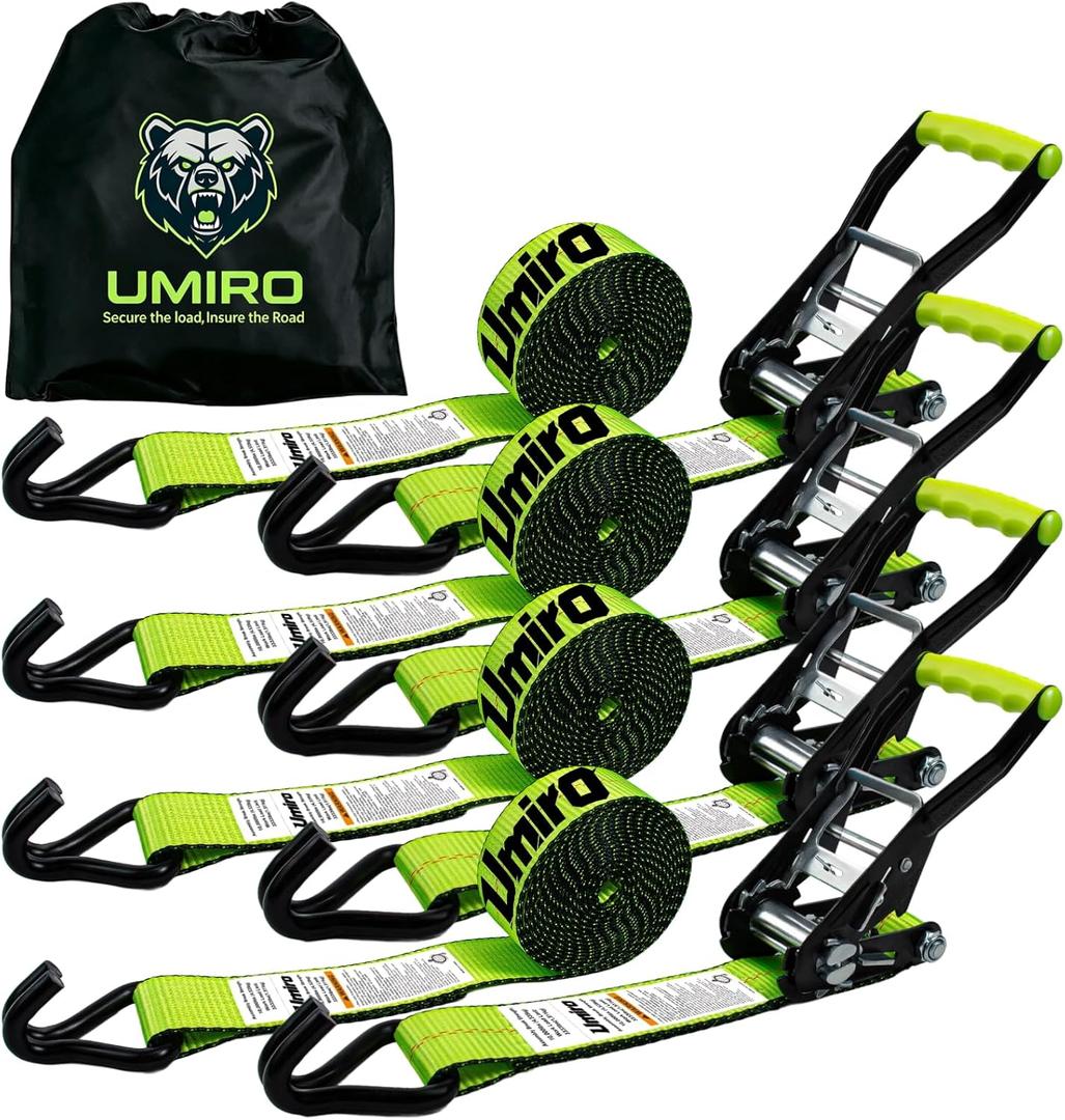 Umiro Heavy Duty Ratchet Straps with J Hooks 2" x 15' Ratchet Strap 10,000 Lbs Max Break Strength, Tie Down Ratcheting with J-Hook, Cargo Straps for Truck, Trailer, Moving (Fluorescent Green,4Pack)