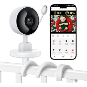 Tuya Baby Monitor with Camera and Audio, 2K WiFi Indoor Video Baby Camera with Mount, Motion & Cry Detection, Temp & Humidity Sensor, Night Vision, 2 Way Audio, 4 Lullabies, APP Control