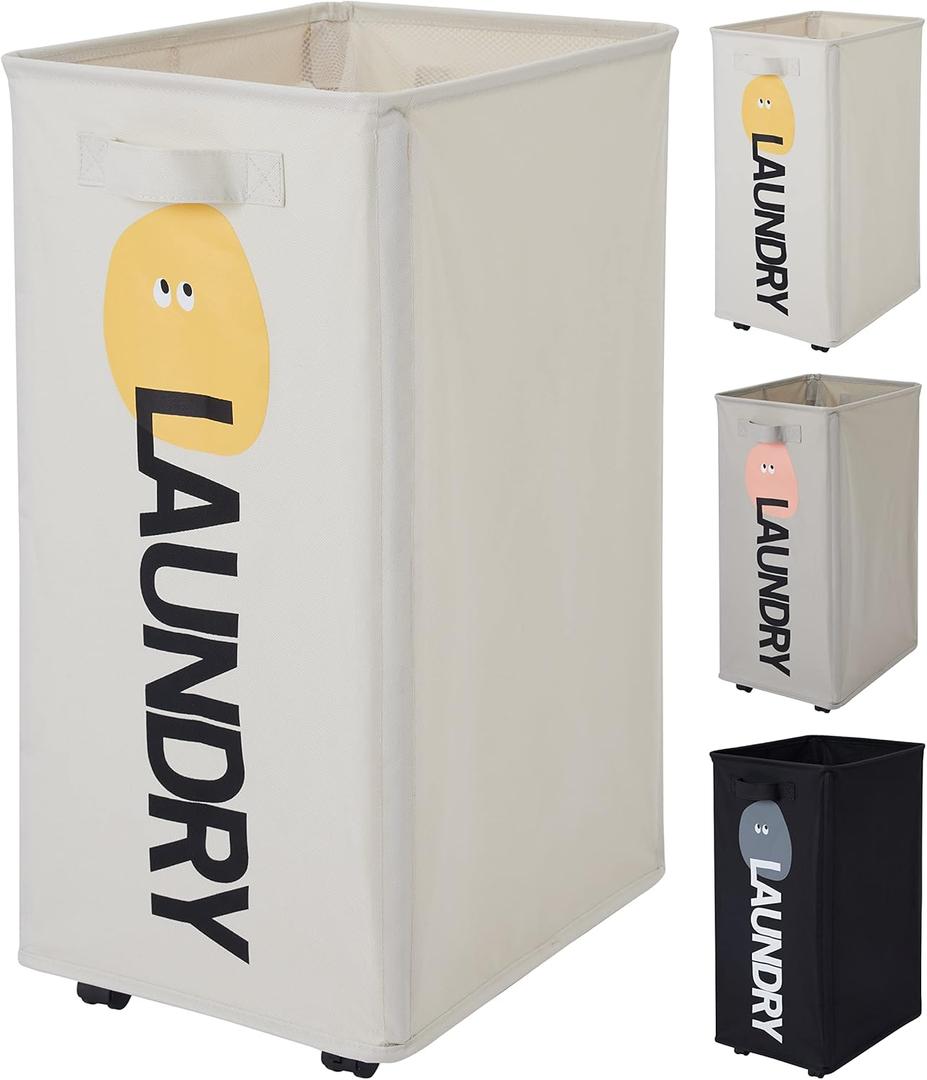 Laundry Basket with Wheels, Narrow Thin Tall Rolling Collapsible Foldable Laundry Hamper, Waterproof Corner Dirty Clothes Laundry Bin, Handle on Both Side, 72L (Pro/19Gal, Beige)