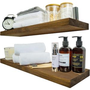 BGMG Wood Floating Shelves 24 inch, Wide Rustic Wooden Wall Shelves for Bathroom Living Room Bedroom Kitchen Farmhouse Set of 2-24x 6.7 x1.25 inch - Walnut Color