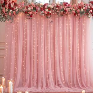10ft x 10ft Dusty Rose Backdrop Curtain with Lights String for Parties, Sheer Tulle Wedding Photo Backdrops Drapes for Baby Shower Birthday Party Decorations Background for Photography (W5' x H10'(2 panels))