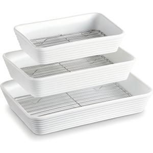 ONEMORE Baking Dishes for Oven, 9x13 Large Casserole Dishes for Oven with Roasting Racks, Rectangular Ceramic Baking Dish Set of 3 for Cooking & Serving, Deep Dish Lasagna Pan (3QT/2.1QT/1.3QT)