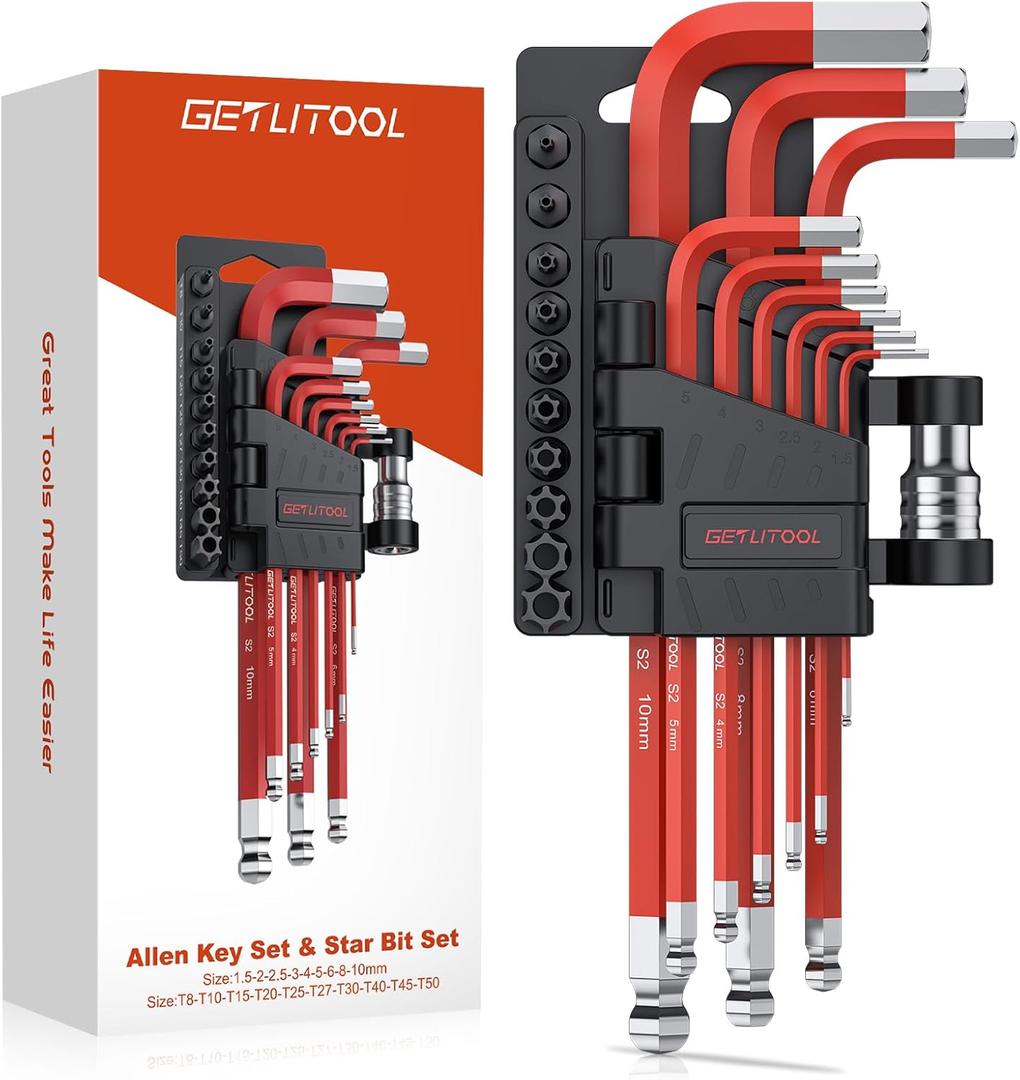 GETLITOOL Allen Key Set with Torx Bits (T8-T50 & 1.5-10mm), 9Pcs S2 Steel Ball-End Hex Key Set with Adapter for Bicycle, Furniture Assembly & Machine Maintenance, Tools for Men's Gift