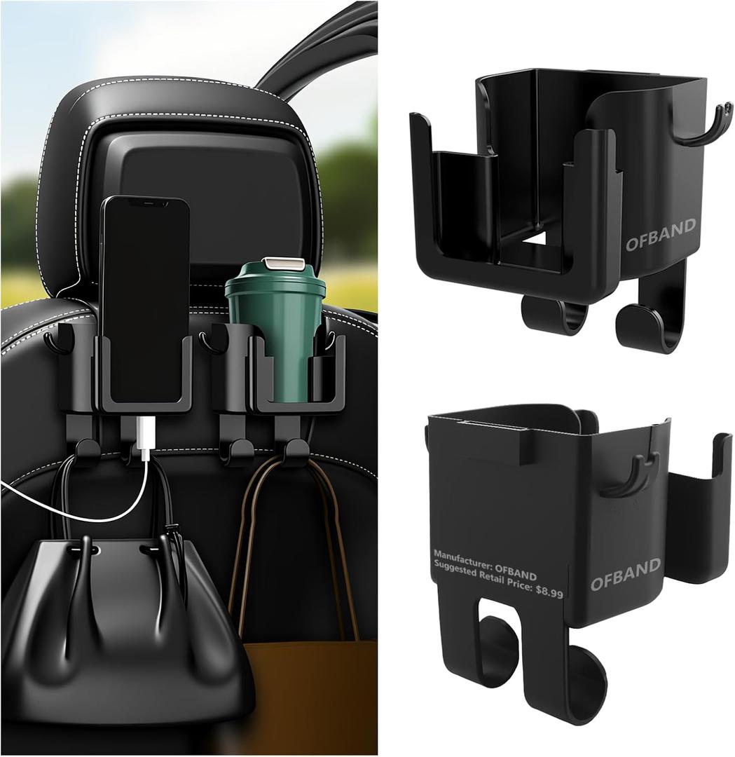 OFBAND 2PCS Multifunctional Car Cup Holder + Car Phone Holder + Car Purse Hook,Hanging Back Seat Car Organizer with Headrest Hooks,Universal Car Organizer Car Accessories Interior