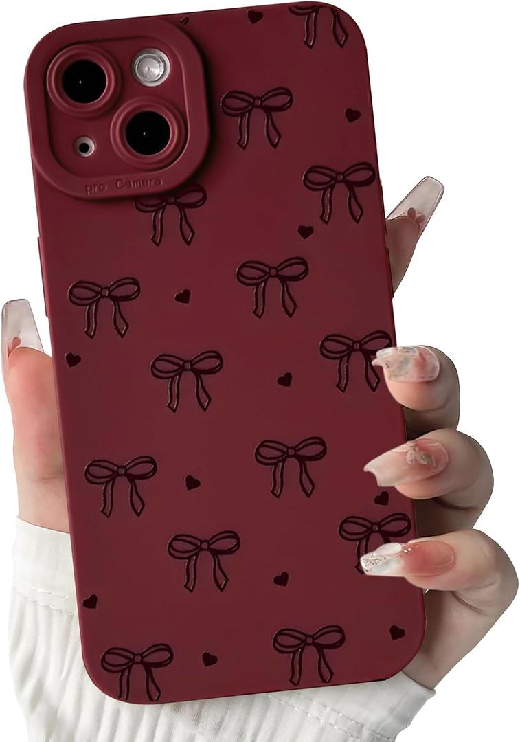 NITITOP Compatible for iPhone 15 Plus Case Cute Bow Knot - Wine Red | Aesthetic, Stylish, Ribbon bow love heart pattern, Full-lens protection, For girls women, Soft TPU, Shockproof, Waterproof