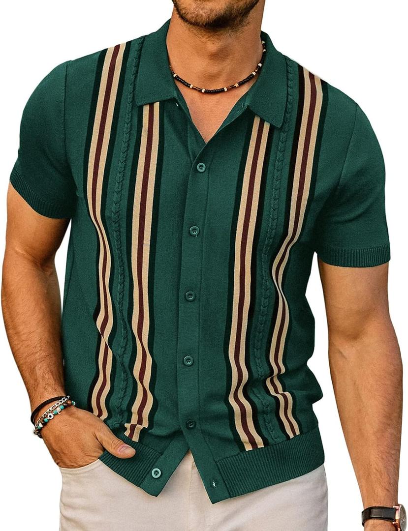 PJ PAUL JONES Mens Polo Shirts Vintage Striped Button Down Knitted Golf Shirts (Green, S)
