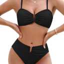 Blooming Jelly Womens Bikini Sets High Waisted Two Piece Swimsuit U Ring Linked Textured Sexy High Cut Swim Bathing Suit (Large, Black)