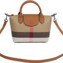 Mini Vintage Plaid purse handbags for women Small adjustable structured satchel purses Stiff canvas Genuine Leather, 8.66X7.08X3.80 INCH