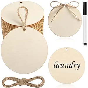 Jetec 40 Pcs Wood Circles for Crafts 3 Inch Round Wood Ornaments Blank Unfinished Wooden Tag with Hole and Marker Pen for Craft DIY Painting Valentine's Day, Wedding, Birthday Hanging Decoration