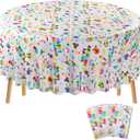 Oudain 3 Pcs Happy Birthday Tablecloth Decorations 84 Inch Plastic Disposable Round Table Covers Waterproof Colorful Balloons Confetti Tablecloth for Women Birthday Party Supplies Baby Shower (White)