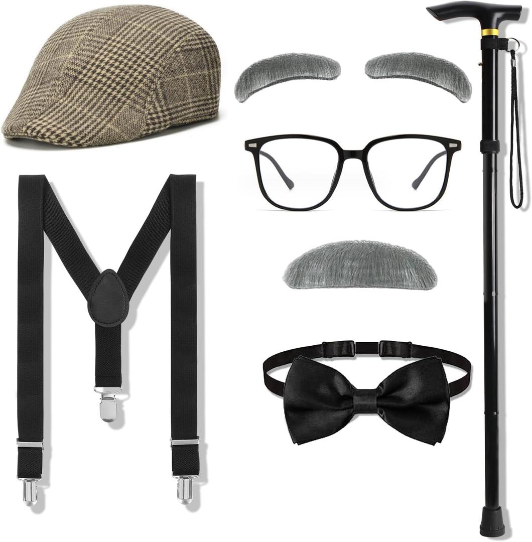 Old Man Costume for Kids, 100 Day of School Old Man Costume Toddler Dress Up for Boys Grandpa Costume Accessories Set (Coffee)