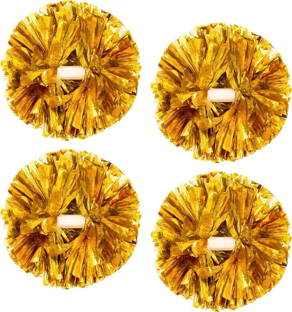 4Pcs Metallic Cheerleading Pom Poms, Creatiee 2 Pair Cheerleader Cheering Squad Pompoms for School Sports Dance Games Team Spirit Cheer (Gold)