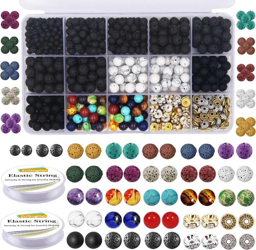EuTengHao 715Pcs Lava Beads Stone Rock Beads Glass Beads Bracelet Making Kit with Beads Spacer Beads Bracelet Elastic String for Diffuser Essential Oils Bracelets DIY Jewelry Making Supplies