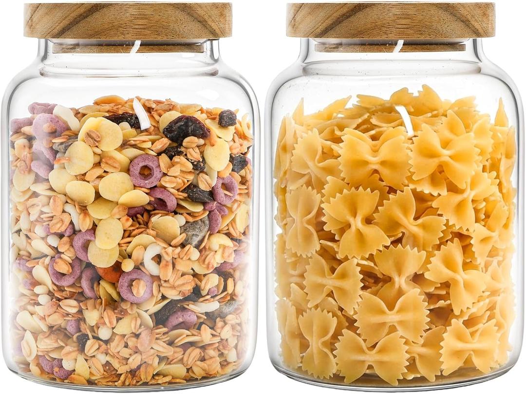 Bekith 2 Pack 42 FL OZ (1250ml) Glass Storage Jars with Wooden Lids, Glass Food Storage Container with Airtight Lid, Pantry Canister for Beans, Rice, Sugar, Coffee and etc