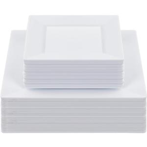 Goodluck 60 Pack Disposable Square Plastic Plates - Heavy Duty Dinner (9.5") & Dessert (6.5") Plates - Fancy for Wedding, Holiday, Birthday - White