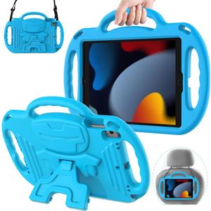 AVAWO Kids Case for iPad 9th Generation 10.2 inch, iPad 8th Gen Cover with Shoulder Strap for 9/8/7 Gen 2021/2020/2019, Blue